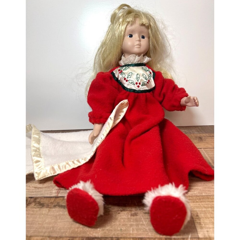 Vintage Porcelain Doll In Red Holiday Dress With Blonde Hair & Holly Embroidere